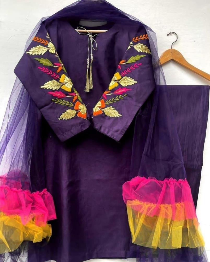 3 Pcs Women’s Stitched Katan Silk Embroidered Suit