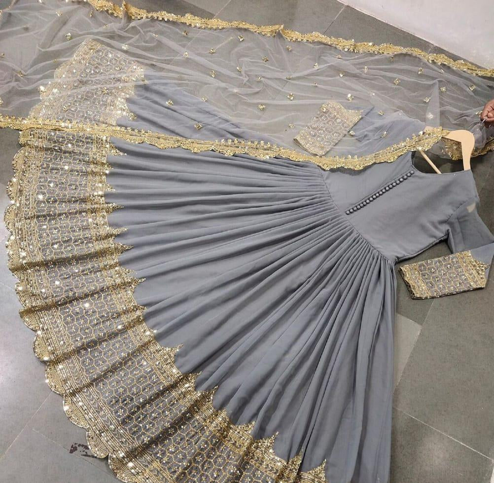 3 Pcs Women's Stitched Sequins Embroidered Maxi Suit