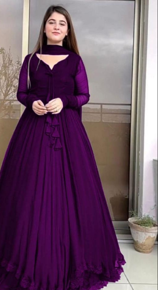 3 Pcs Women's Stitched Chiffon Plain Maxi Suit