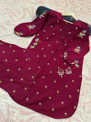 2 Pcs Women's Stitched Linen Embroidered Shirt And Trouser