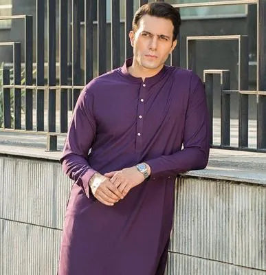 Men's Wash And Wear Plain Shalwar Kameez - 2 Pcs in Vibrant Purple