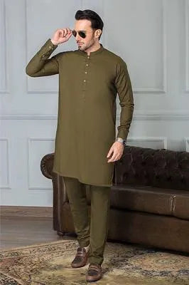 Stitched Men's 2 Pcs Wash And Wear Plain Shalwar Kameez in Green