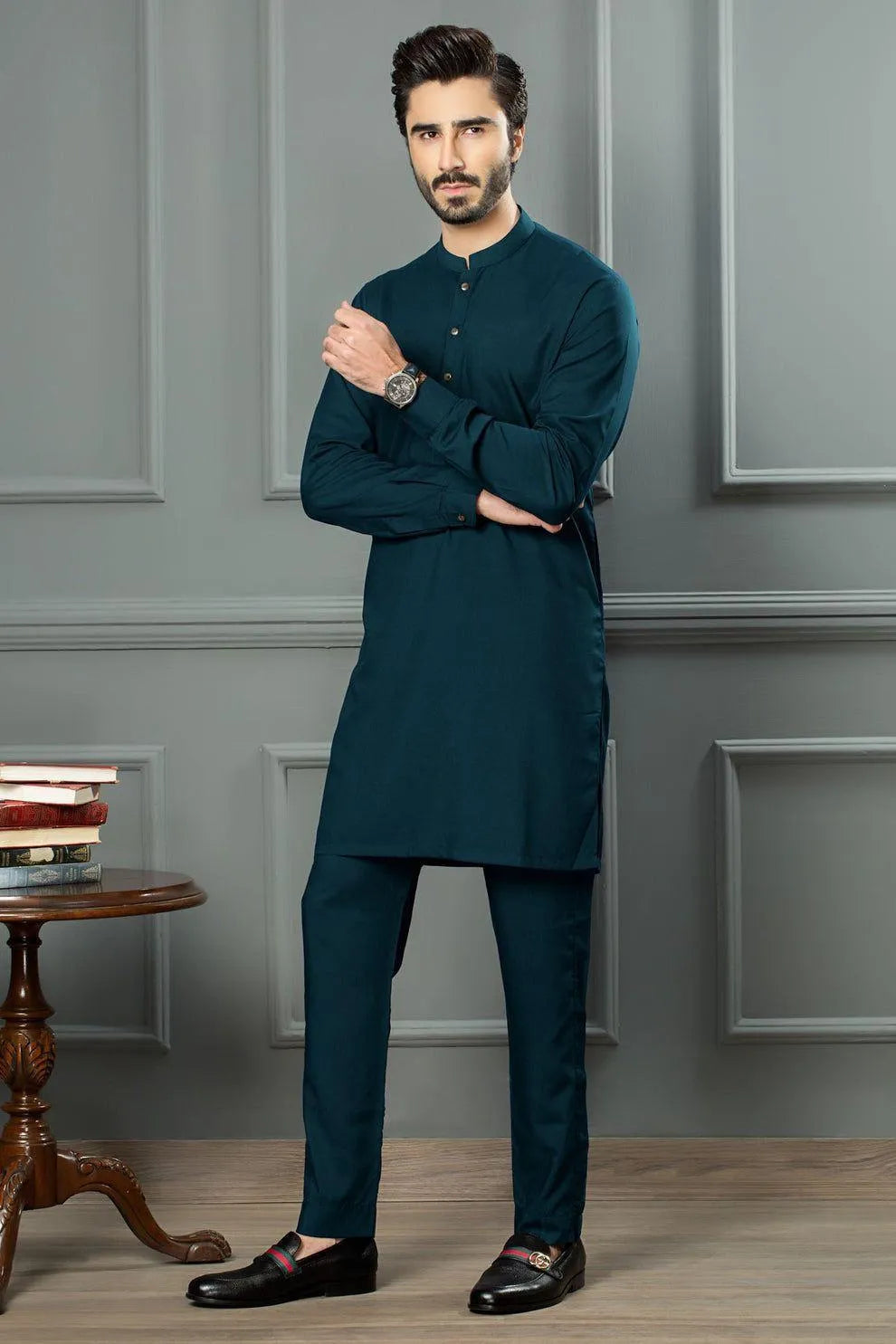 Men's Wash And Wear Shalwar Kameez - 2 Pcs in Plain Blue