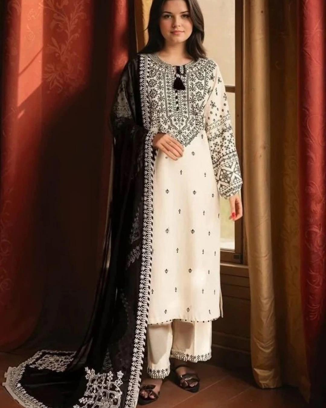 3 Pcs Women's Unstitched Embroidered Suit